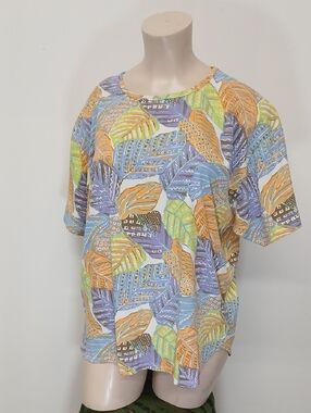 Vintage Extra-Touch Colorful Leaf Print Short Sleeve Top /3x